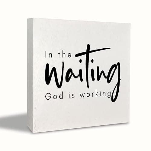 KEUSPI christian office decor christian Desk Decor for Home Bedroom Church Office Wall Tabletop Shelf Decorations Christian in the Waiting God is Working Wood Rustic Wood Block Plaque Box Sign - in the Waiting God is Working - Image 1