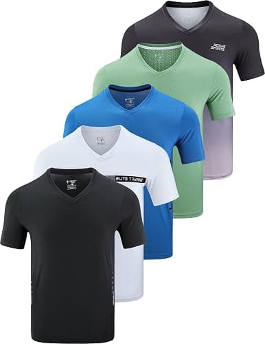 5 Pack Mens V-Neck Dry Fit T-Shirts, Active Athletic Short Sleeve Workout Tops, Performance Gym Tees (Available in Plus Size) - X-Large - White/Mint/Blue/Gradient/Black - Image 1