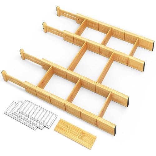 SpaceAid Bamboo Drawer Dividers with Inserts and Labels, Kitchen Adjustable Drawer Organizers, Expandable Organization for Home, Office, Dressers, 4 Dividers with 9 Inserts (17"-22" Natural) - Image 1