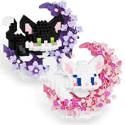 2 Packs Cat With Flower Micro Animal Building Blocks Toy Set, Home Decor | Animals with Flower and Moon, Micro Brick Toy Cats, Creative Art Craft and Home Decor, Birthday Gifts Idea for Adults - Image 1