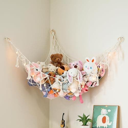 Stuffed Animal Storage Macrame Hammock w/String Lights, Large - Boho Room Decor Toy Storage - Corner Hanging Plushie Stuffed Animal Net Organizer (White) - Image 1