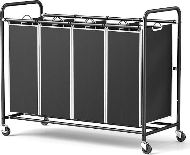 ROMOON 4 Section Heavy Duty Laundry Sorter, Separated Laundry Hamper Cart with Wheels and Removable Bags, Rolling Laundry Basket Organizer for Dirty Clothes Storage in Laundry Room Organization, Black - black - Image 1