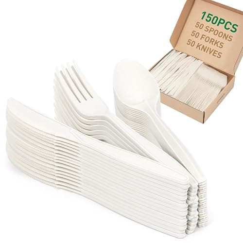 FEHHTO 100% Compostable Cutlery Set,150pcs (50 Forks,50 Spoons,50 Knives) Disposable Cornstarch Utensils Heavy Duty BPI Certified Eco-Friendly Party Supplies No Plastic, Ivory White - Image 1
