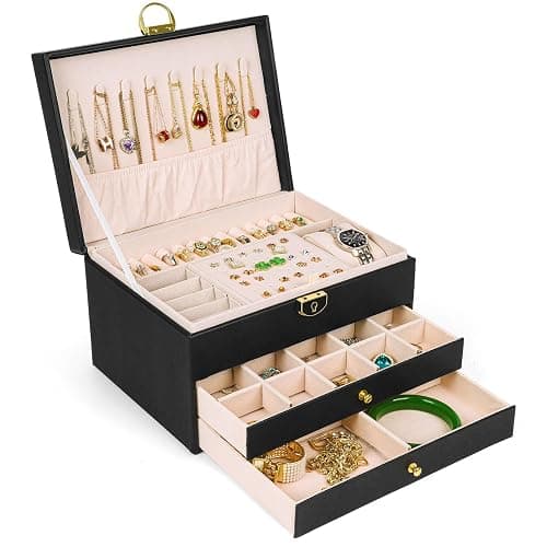 SYCARON Large Jewelry Box Organizer for Women Girls, 3 Layers PU Leather Jewelry Storage Case with Lock for Women and Girls Necklace Bracelets Earrings Rings Organizer, Black - Image 1