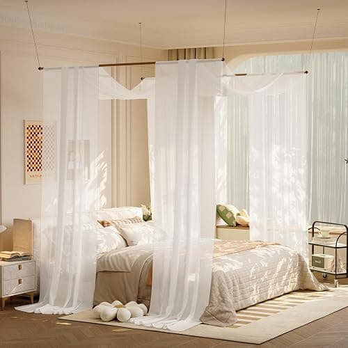 lazyzzz White Canopy Bed Curtains with Light Princess Bed Canopy Scarf for Full/Queen Metal Bed Frame,Wood Frame Bed-2 Panel Sheer Curtain - 37.8"W x 228"L - Image 1