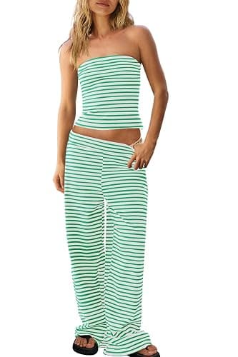 Panadila Womens Striped Two Piece Sets Summer Lounge Outfits Sailor Tube Top and Pants Matching Set Beach Vacation Travel Y2k - Image 1