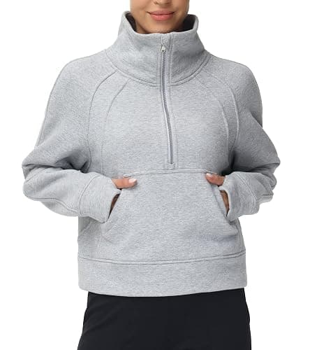THE GYM PEOPLE Womens' Half Zip Pullover Fleece Stand Collar Crop Sweatshirt with Pockets Thumb Hole - Grey - Small - Image 1