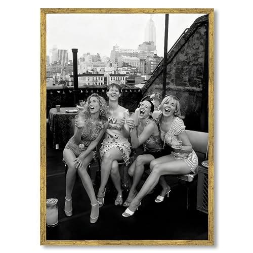 Gold Framed Black and White Canvas Wall Art Vintage New York Rooftop Woman Party Photography Feminist Poster Trendy Girls Hypebeast Painting Prints Female Artwork Bar Cart Decor 8x12inch - Image 1