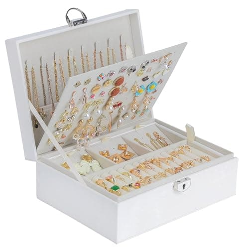BOOVO Earring Jewelry Box For Women Girl Stud Organizer, 4 Layers Girl Jewelry Organizer Box With Lock Earring Holder Organizer Necklace Ring Jewelry Organizer Box For Girls (White, 4 layer) - Image 1