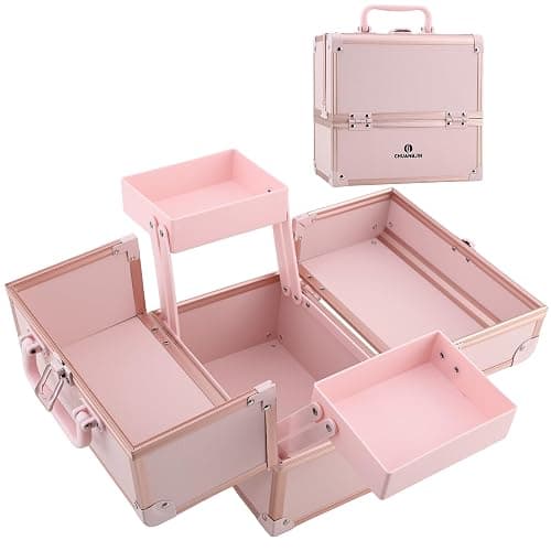 CHUANGJIN Makeup Train Case 2 Trays Makeup Box Organizer Portable Travel Makeup Case Lockable Makeup Storage Organizer Cosmetic Box for Jewelry Nail Tech Brushes Accessories Tool, Pink - Image 1