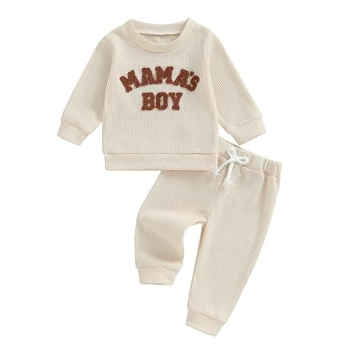 Kupretty Toddler Baby Boy Fall Winter Clothes Embroidery Waffle Knit Sweatshirt Pullover Tops + Casual Pants Outfit Set - Image 1