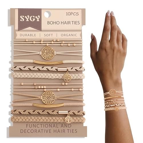 10 Boho Bracelets, Braided & Stretch Hair Ties for Thick/Thin Hair, 5 Styles, Light Coffee Colors - No Damage Ponytail Holders - Image 1