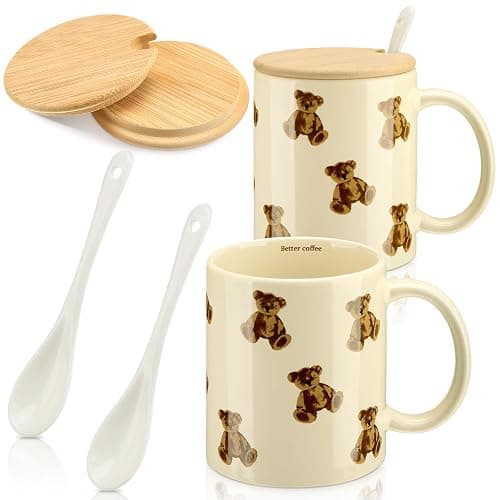 Didaey 2 Pcs Ceramic Bear Mugs Set Cute Cartoon Bear Coffee Mug with Spoon and Bamboo Lid 12oz Hot or Cold Drinks for Home Office Party - Image 1