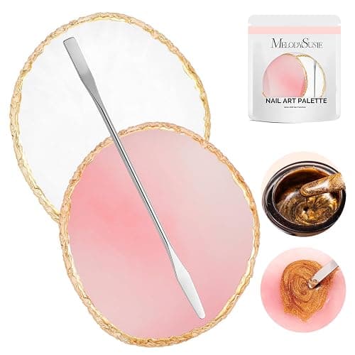 MelodySusie 2PCS Round Shape Resin Nail Art Palette Set with Stainless Steel Mixing Stick, Professional Color Mixing Board for Gel Polish, Acrylics, Pigment Blending, Salon and DIY Makeup Tool - Image 1