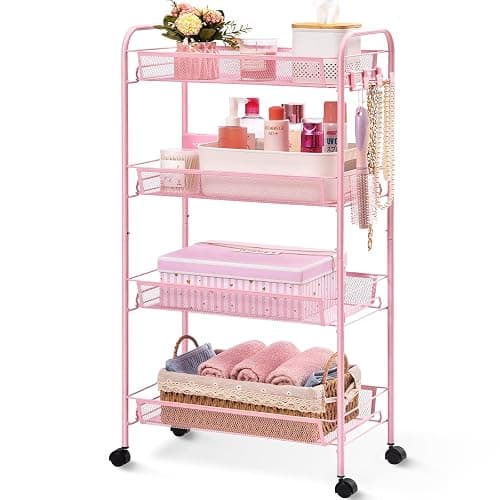 TOOLF 4 Tier Rolling Utility Cart - Durable Metal Design Pink Utility Cart, Storage Trolley on Wheels with 3 Hooks, Perfect for Kitchen, Bathroom & Laundry Room Organization - Image 1