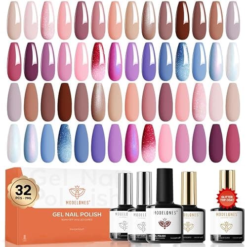 Modelones 32 Pcs Gel Nail Polish Kit, 28 Colors Gel Polish Kit with Glitter Glossy & Matte Top Base Coat Nude Pink Blue Purple Glitter Nails Gifts for Women DIY Salon Home - Image 1