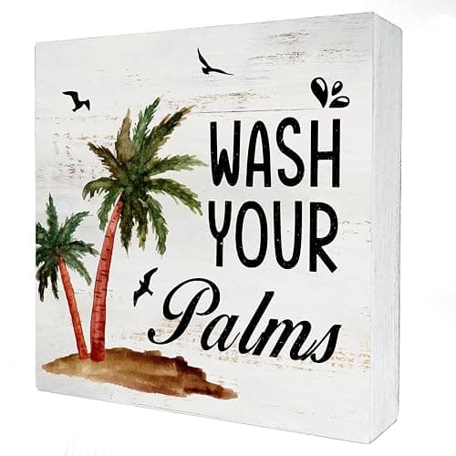 Wash Your Palms Wood Box Sign Home Decor Rustic Bathroom Quote Wooden Box Sign Block Plaque for Wall Tabletop Desk Home Bathroom Decoration 5" x 5" - Image 1