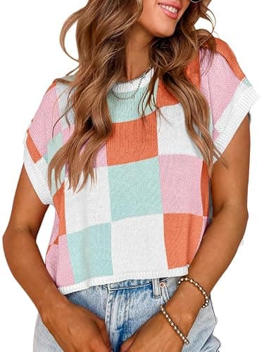 Saodimallsu Womens Cap Sleeve Crop Tops Summer Color Block Going Out Crew Neck Knit Trendy Casual Sweater - Medium - A-pink - Image 1