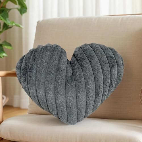 Nmkopzy 16 Inch Grey Heart Pillow Cute Soft Decorative Throw Pillows, Heart Shaped Fluffy Faux Fur Pillows Cushions for Couch Chair Bed Bedroom Room Home Decor Aesthetic (1, Gray, Medium-16 x13) - Image 1