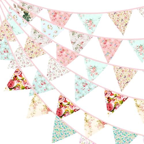 G2PLUS 39Ft Triangle Bunting Banner, 42pcs Cotton Pennant Banner, Reusable Pink Green Fabric Triangle Flags Party Decoration for Birthday, Wedding, Baby Shower, Room Decor - Image 1