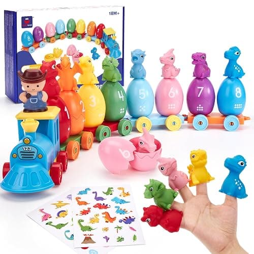 hahaland Toddler Learning Toys for 2 3 Year Old – Montessori Counting Matching Train Set with 8 Dinosaurs & Sorting Easter Eggs, Dino Stickers Toddler Toys for Kids 1-3 Years Easter Basket Stuffers - Image 1
