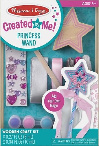 Melissa & Doug Created By Me! Paint & Decorate Your Own Wooden Princess Wand Craft Kit, Pink Princess Crafts Great for Rainy Days, Toys for Kids Ages 4+ | 27 Piece Arts & Crafts Activity, Princess Pretend Play, Wooden Star, Paint, Gems, Ribbons, Preschool Toys for Kids, Ages 4+ - Image 1