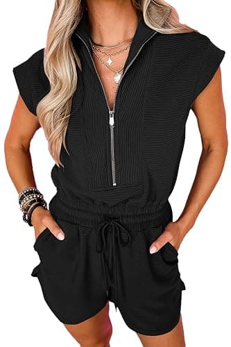 Foenlintenso Rompers for Womens Summer Short Sleeve Half Zip Lapel Collar Drawstring One Piece Jumpsuit with Pockets - Image 1