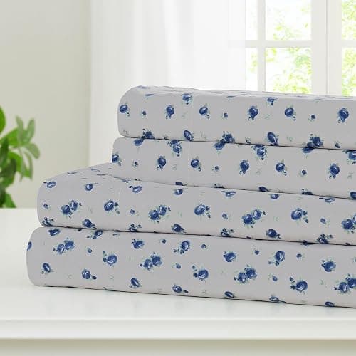 Modern Threads Silky Soft Microfiber and Wrinkle Free Sheets - Luxurious Microfiber Bed Sheets Includes Flat Sheet, Fitted Sheet with Deep Pockets, & Pillowcases Sweet Rose Blue, Full - Full - 19 Blue Roses - Image 1