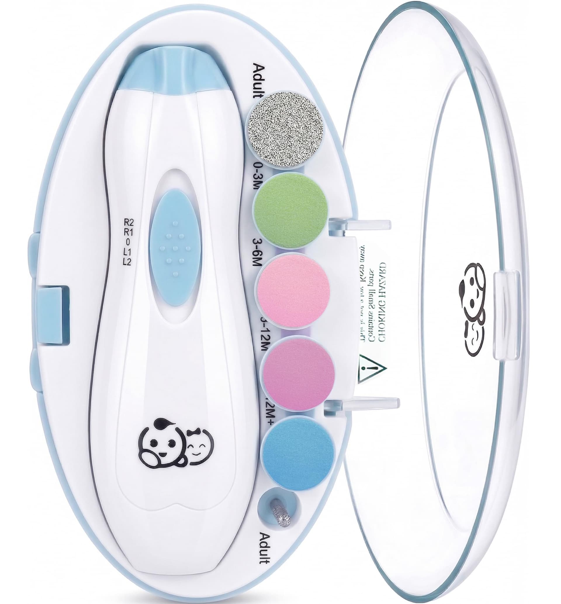 Royal Angels Upgraded 6 in 1 Baby Nail Trimmer with Labeled Case, 4 Colored Pads for Newborns to Toddlers, Whisper Quiet Electric Nail File with LED Light, Safe Manicure Set for Families (Babyblue) - Image 1