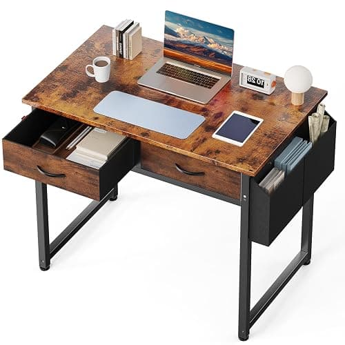 DUMOS 32" Home Office Computer Desk with Drawers, Small Gaming Writing Study Table with Storage Side Bag, Headphone Hook and Adjustable Feet for Bedroom Rustic Brown - Image 1