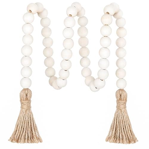 Meplait 39in Wood Bead Garland Farmhouse with Tassels,Versatile Prayer Beads Boho Chic Wall Hanging Home Decor(Natural) - Image 1