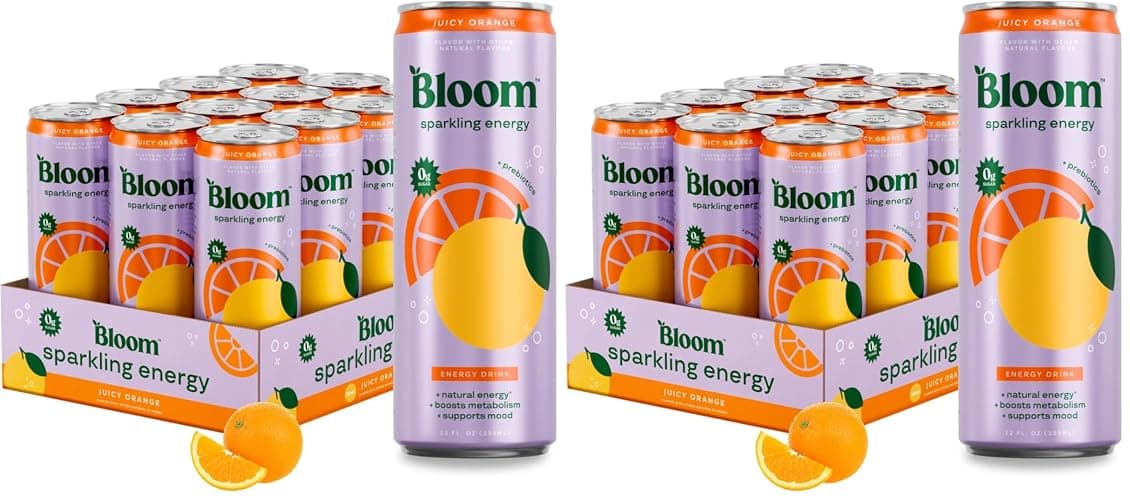 Bloom Nutrition Sparkling Energy Drink, Orange, 180mg Caffeine | Zero Sugar | Natural Caffeine | Antioxidant-Rich | 24 Pack - Image 1