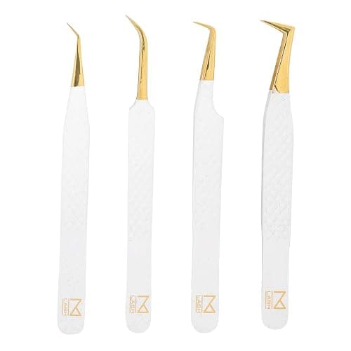 M LASH Tweezers for Eyelash Extensions (Set of 4) - Professional Lash Extension Tweezers - Fiber Tip, Japanese Steel, Diamond Grip Eyelash Extension Tweezer set (White) - Image 1