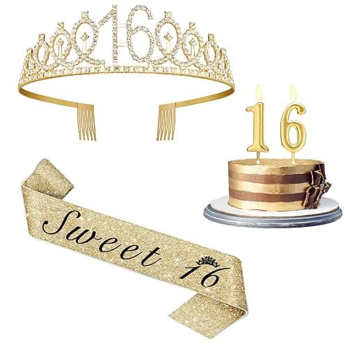 Sweet 16 Party Decorations for Girls Gold Tiara Sash Candle | Sweet 16 Sash Gold, 16th Birthday Tiara, 16 Candles Gold, 16th Birthday Gifts for Girls - Image 1