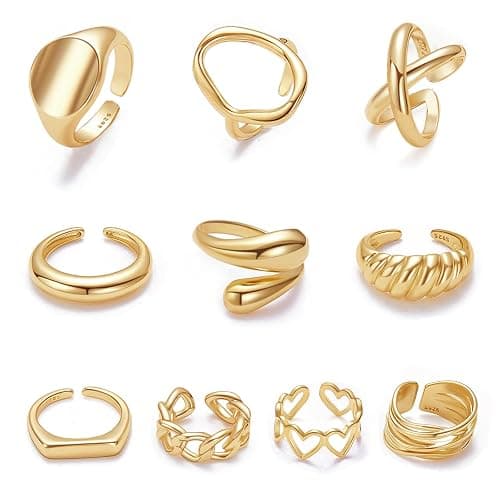MOROYA 10PCS Gold Dome Chunky Rings for Women 18K Gold Plated Braided Twisted Round Signet Rings Adjustable Open Ring Band Statement Jewelry Size 7-9 - Image 1
