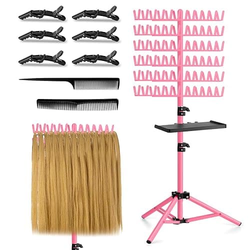 OLMRJKD Braiding Hair Rack with Tray, 144 Pegs Height Adjustable Braiding Rack, 2-side Hair Extension Holder Hanger, Hair Stand with Stylist Hair Braiding Tools for Hair Salon Home Traveling (Pink) - Image 1