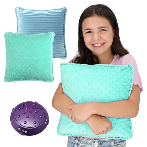 Special Supplies Vibrating Pillow Sensory Pressure Activated for Kids and Adults, 12” Plush Minky Soft Cover-Textured Therapy Stimulation Bumps, 3 Vibration Modes, Music & Voice Recording- Blue/Green - Image 1