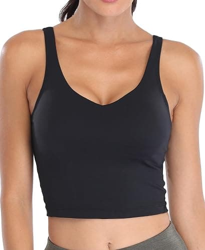 Oalka Sports Bra Womens Longline Padded Crop Tank Yoga Bras Workout Fitness Top - Medium - A Heart Black - Image 1