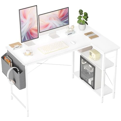BEXEVUE L Shaped Corner Desk - 120x70 cm Study Office Gaming Desk, Computer Desk Small Writing Table, Large Reversible Storage Shelves, Bookshelf Workstation for Study Play Work Home Office, White - 120 x 70 cm - White With No Power Strip - Image 1