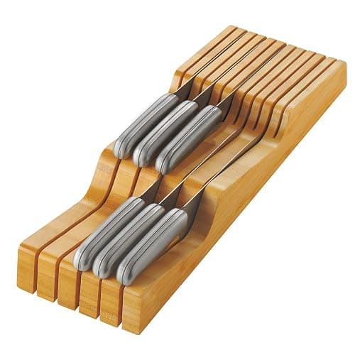 In-Drawer Knife Block - Bamboo Knife Drawer Organizer for Kitchen - Fits 5 Long + 6 Short Knives - Store Knives with Blades Pointing Down - Wooden Steak knife Holder without Knives - Bamboo - Image 1