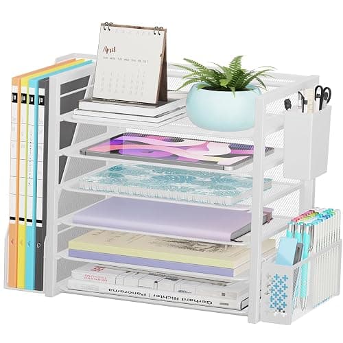 Simple Trending 6 Tier Desk File Organizer, Paper Letter Tray Organizer with File Holder and Pen Container, White - Image 1