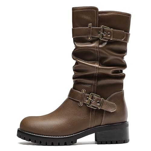 DOBOLIN Mid Calf Boots For Women with a Wide Toe Box Motorcycle Biker Riding Boots with Buckles Round Toe Dress Boots with Low Chunky Heel - Image 1
