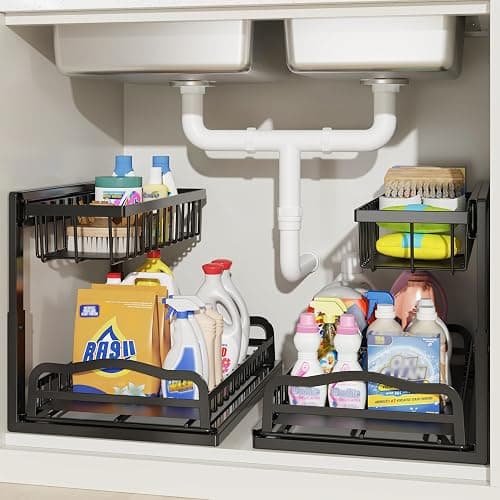 AceMining Under Sink Organizer, 2 Pack Pull-Out Under Cabinet Organizer, 2 Tier Under Sink Storage with Sliding Basket, L-Shaped and Adjustable Height Design for Kitchen and Bathroom - Image 1