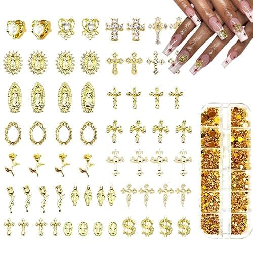 TmoGllp 3D Cross Nail Charms, Gold Flat-Back Bead Charms for Nails, Nail Charms and Gems for Nail Art DIY Design, Nail Rhinestones Accessories Bulk (Gold) - Image 1