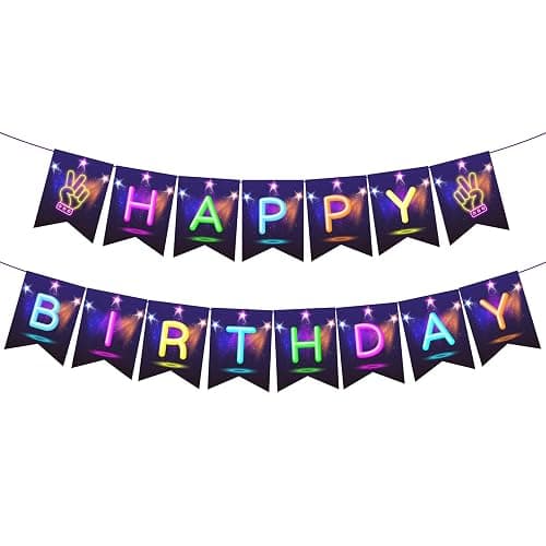 Dusenly Neon Happy Birthday Banner Glow in The Dark Birthday Banner Rainbow Neon Sign Black Light Party Decoration Supplies - Image 1