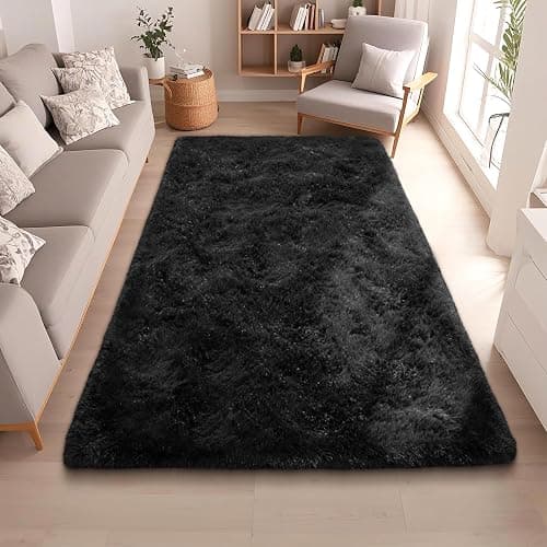 Black Rugs for Bedroom 4x5.9 ft - Ultra Soft Faux Fur Area Rug - Plush Non-Slip Shaggy Carpet for Living Room, Cozy Fluffy Rug for Kids Boys Girls Dorm Nursery Room, High Pile Floor Carpet - Image 1