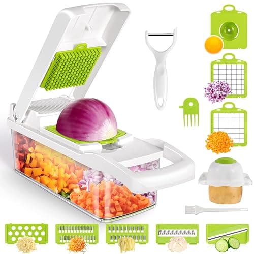 Vegetable Chopper, RJISZTA 13 in 1 Kitchen Food Onion Vegetable Chopper Slicer Dicer Cutter with 8 Blades, Egg slicer,Storage Container for Tomato Potato Carrot Salad - White - Image 1