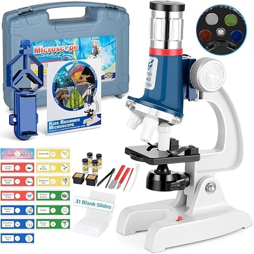 58-Piece Kids Microscope Kit - 100X-1200X Magnification Metal Microscope with LED Light & Slides, Portable Science Set with Carry Case, STEM Learning Toy for Kids Ages 5-12, Birthday Christmas Gift - Image 1
