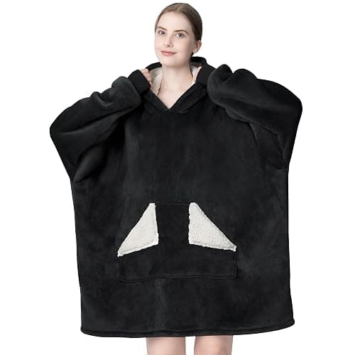 Touchat Wearable Blanket Hoodie, Oversized Sherpa Blanket Sweatshirt with Hood Pocket and Sleeves, Gifts Hooded Blanket for Adult Women Men (Black) - Image 1