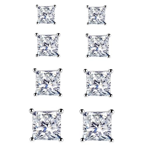 925 Sterling Silver Stud Earrings, 4 Pairs Square Cubic Zirconia Stud Earrings Set for Women Men 3 4 5 6mm - Image 1